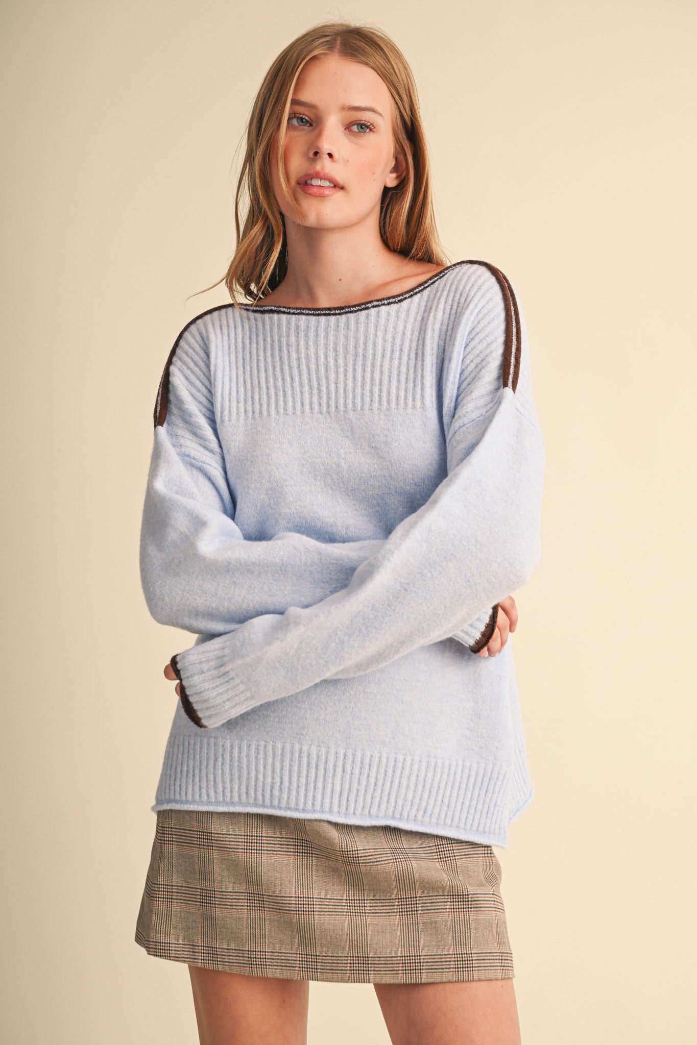 Edge Notes Contrast Trim Boat Neck Sweater in Powder Blue Brown - product photo 1