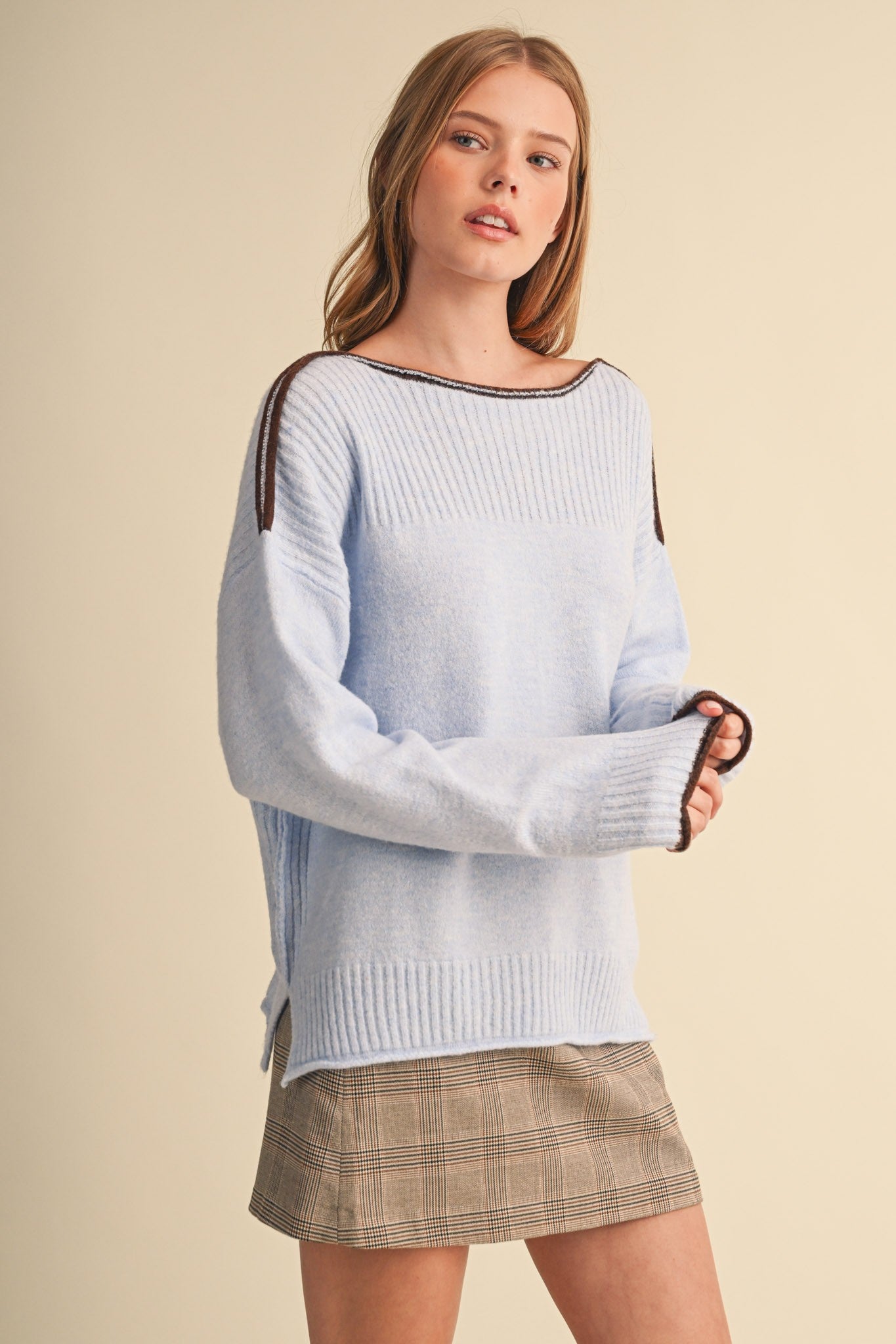 Edge Notes Contrast Trim Boat Neck Sweater in Powder Blue Brown - product photo 3