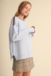 Edge Notes Contrast Trim Boat Neck Sweater in Powder Blue Brown - product photo 4