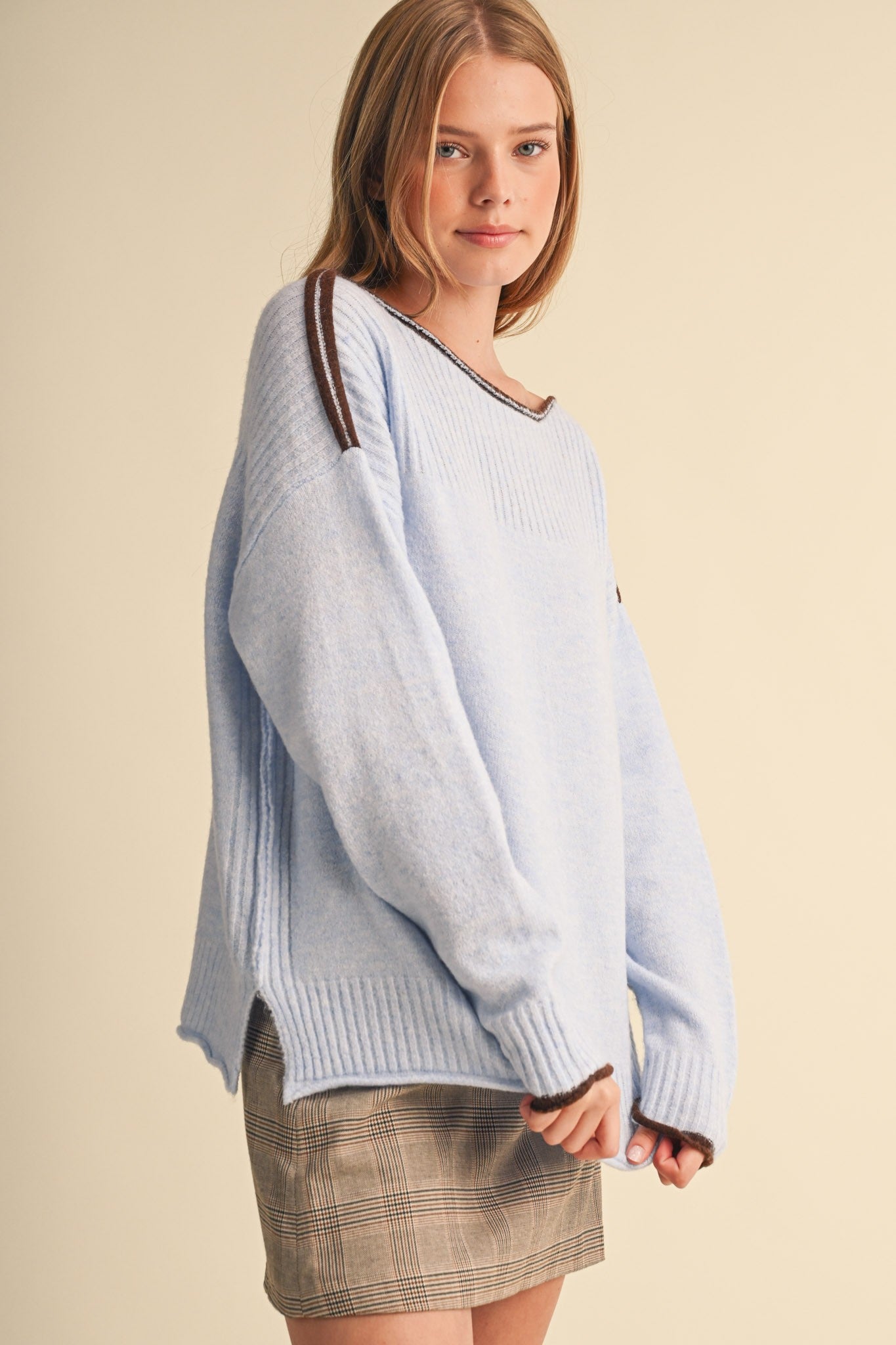 Edge Notes Contrast Trim Boat Neck Sweater in Powder Blue Brown - product photo 5