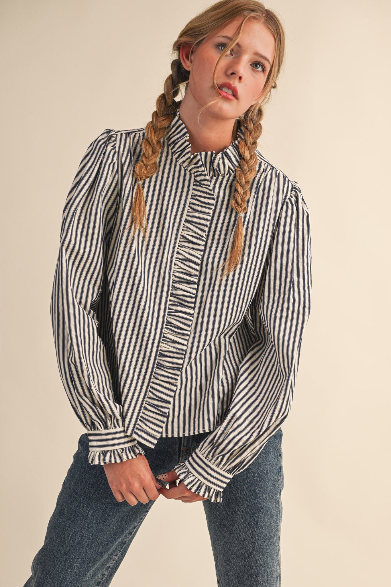Edith Stripe Ruffle Button Down - Black Stripe