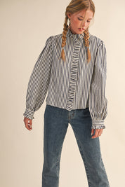 Edith Stripe Ruffle Button Down - Black Stripe