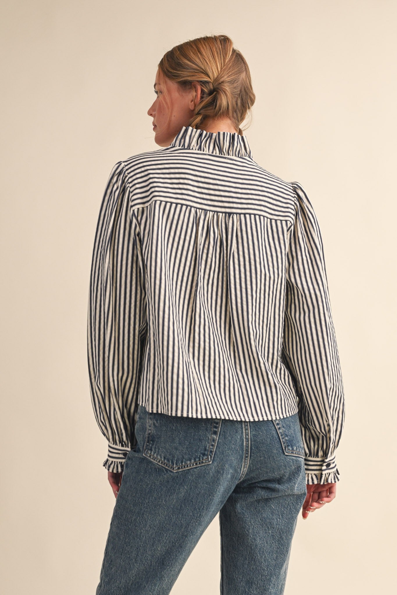 Edith Stripe Ruffle Button Down - Black Stripe