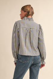 Edith Stripe Ruffle Button Down - Black Stripe