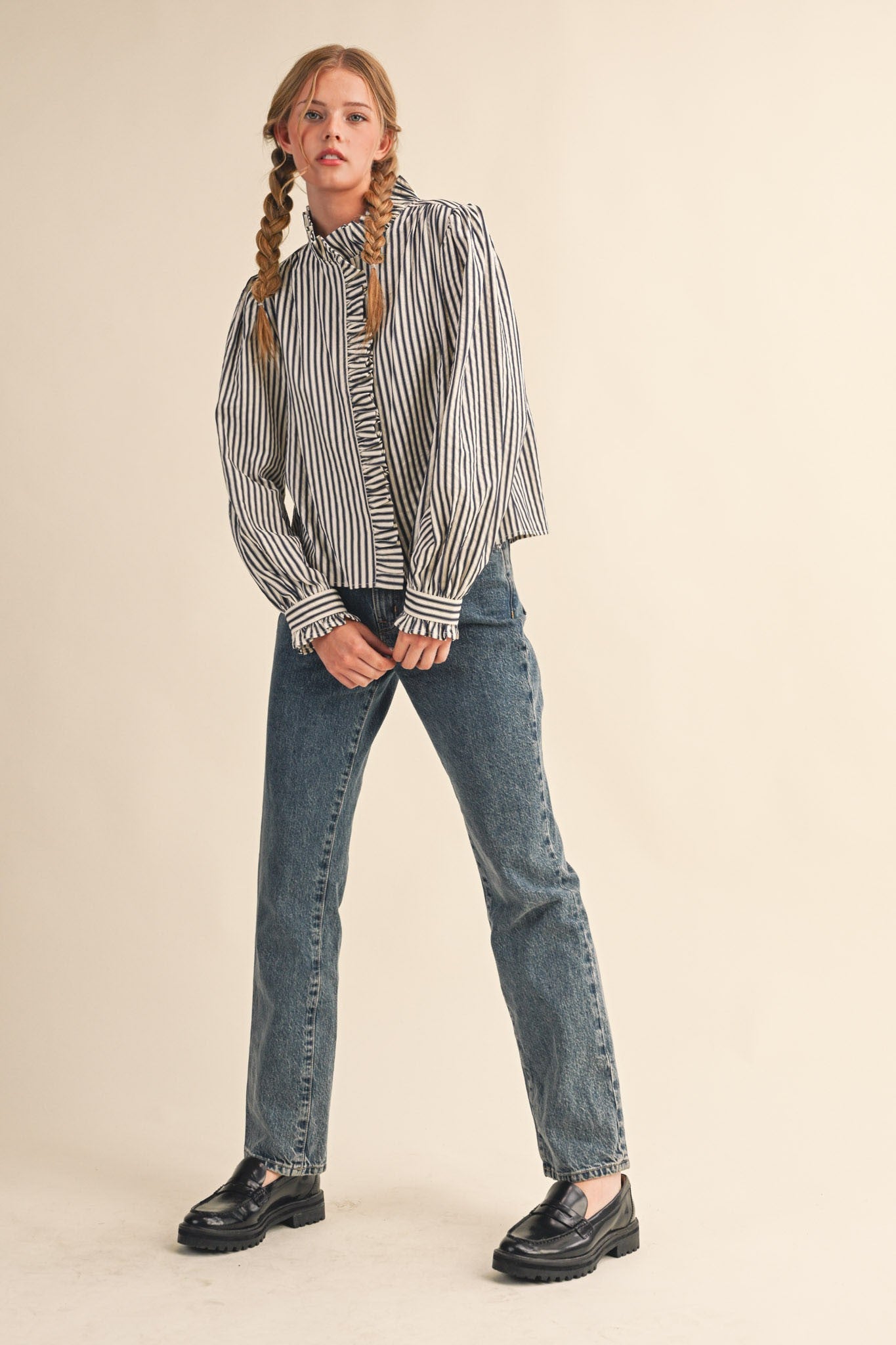 Edith Stripe Ruffle Button Down - Black Stripe