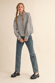 Edith Stripe Ruffle Button Down - Black Stripe