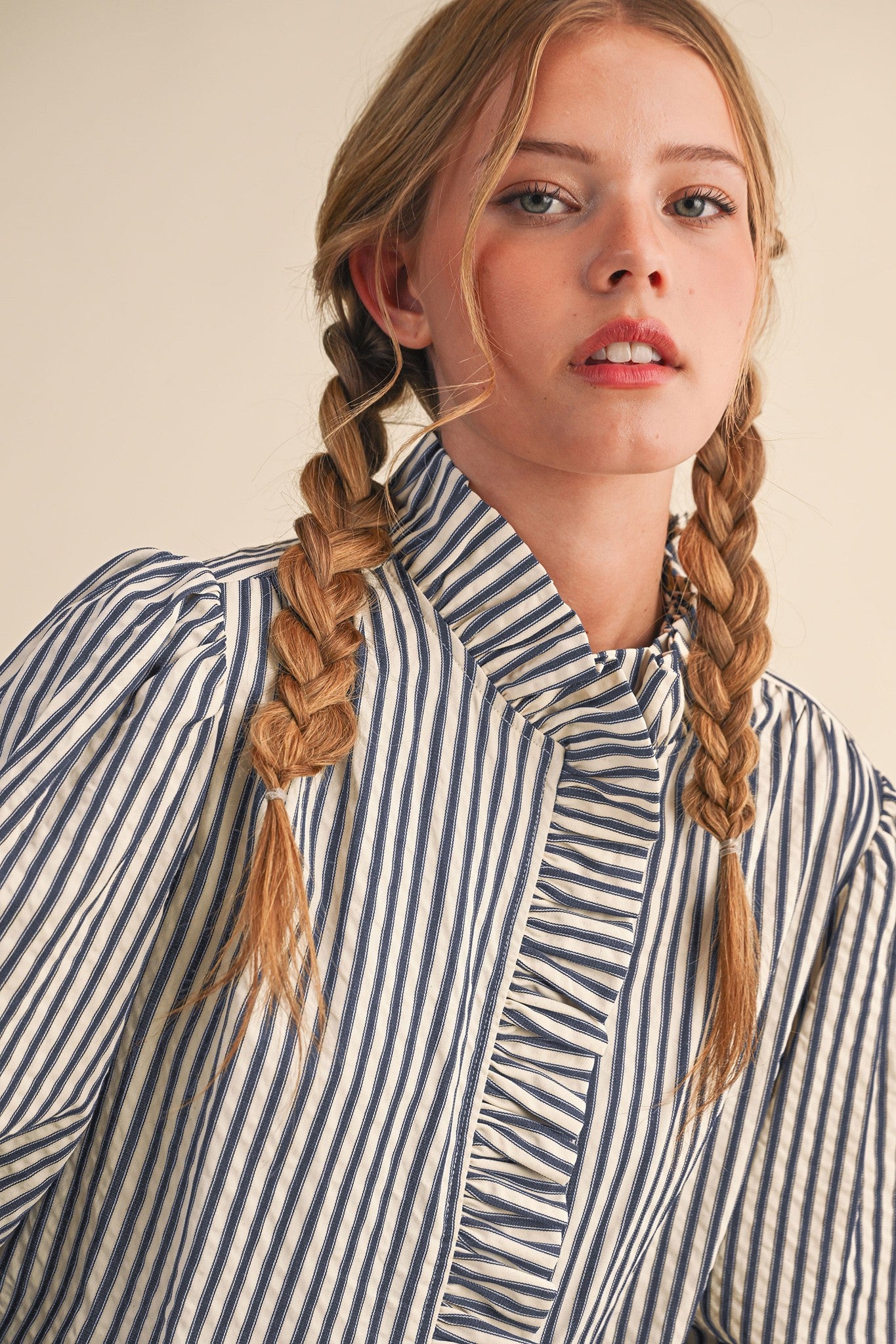 Edith Stripe Ruffle Button Down - Denim Blue Stripe