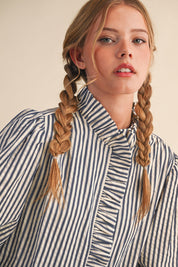 Edith Stripe Ruffle Button Down - Denim Blue Stripe