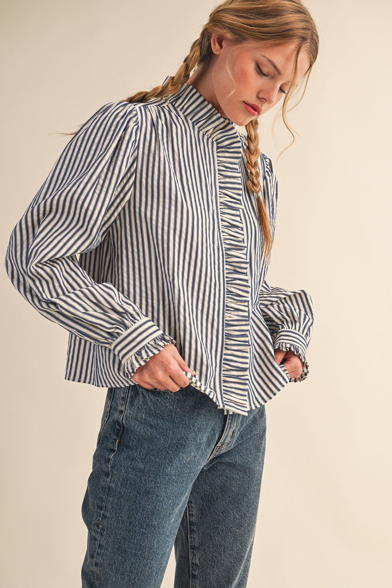 Edith Stripe Ruffle Button Down - Denim Blue Stripe