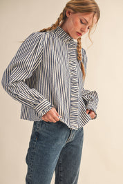 Edith Stripe Ruffle Button Down - Denim Blue Stripe