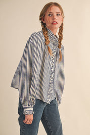 Edith Stripe Ruffle Button Down - Denim Blue Stripe