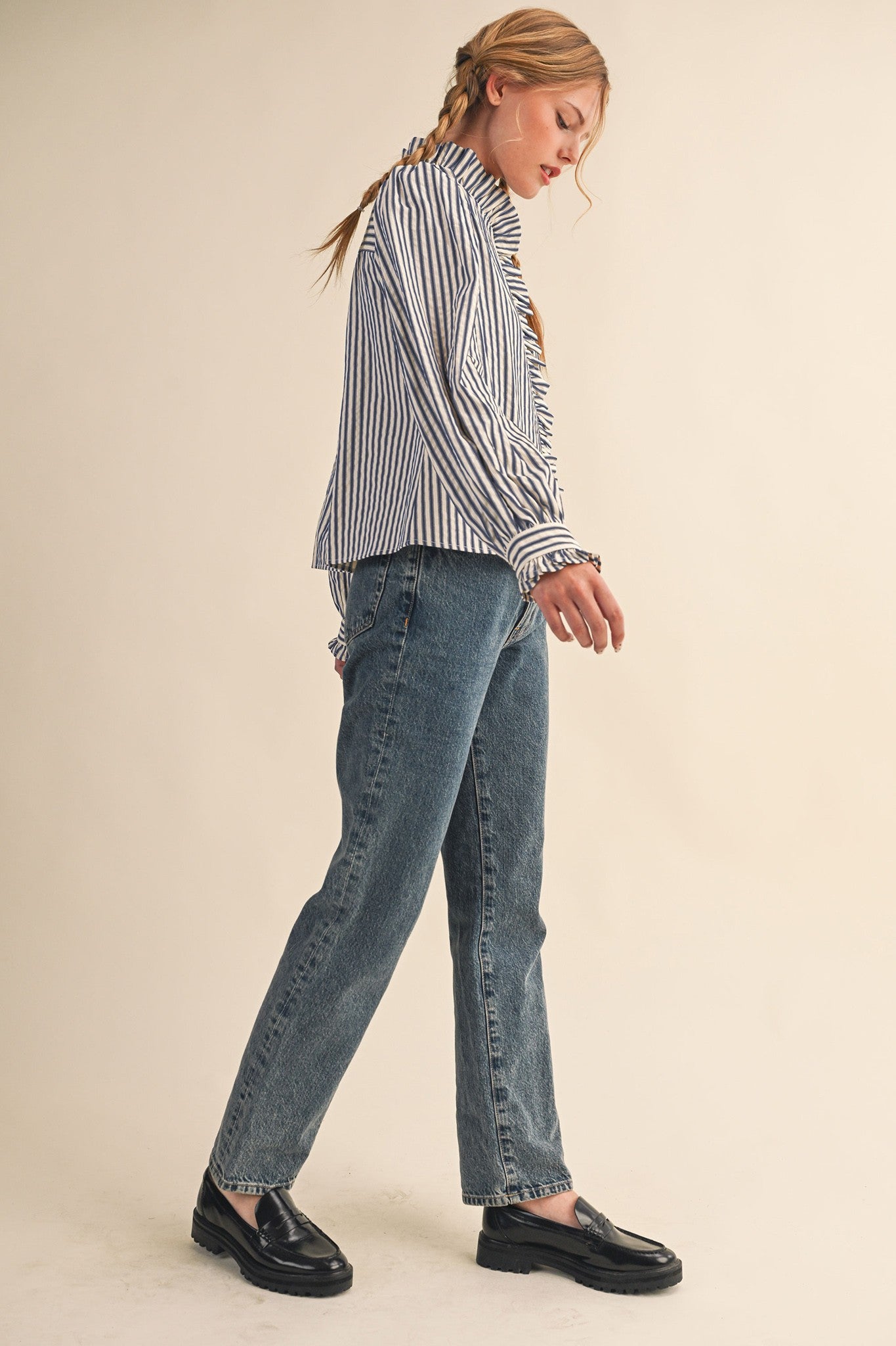 Edith Stripe Ruffle Button Down - Denim Blue Stripe