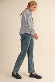 Edith Stripe Ruffle Button Down - Denim Blue Stripe
