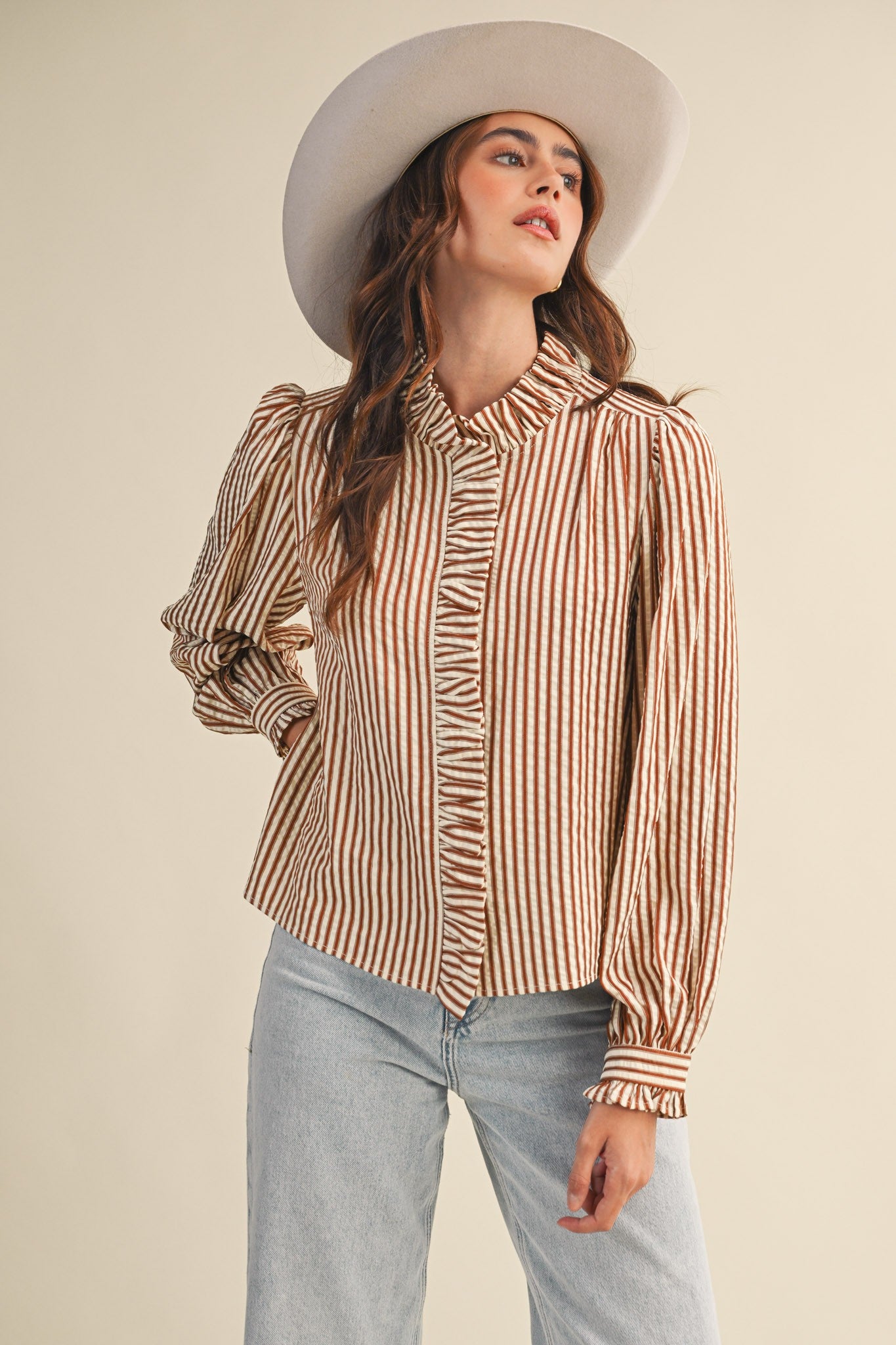 Edith Stripe Ruffle Button Down - Pecan Stripe