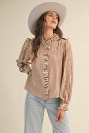Edith Stripe Ruffle Button Down - Pecan Stripe