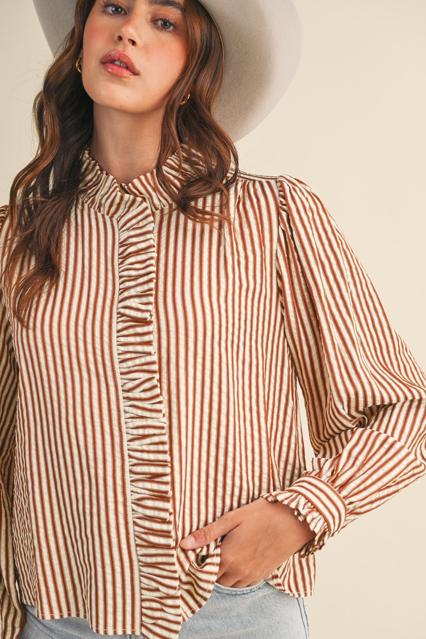 Edith Stripe Ruffle Button Down - Pecan Stripe