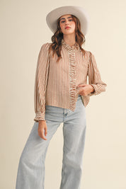 Edith Stripe Ruffle Button Down - Pecan Stripe