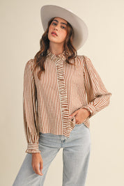Edith Stripe Ruffle Button Down - Pecan Stripe