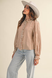 Edith Stripe Ruffle Button Down - Pecan Stripe