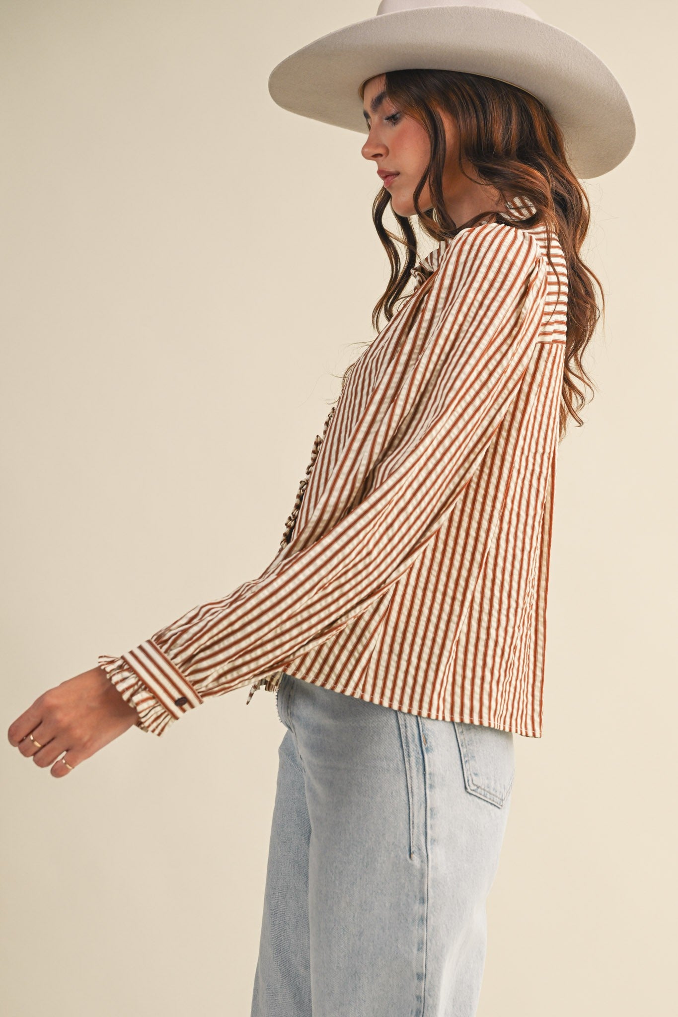 Edith Stripe Ruffle Button Down - Pecan Stripe