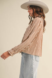 Edith Stripe Ruffle Button Down - Pecan Stripe