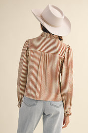 Edith Stripe Ruffle Button Down - Pecan Stripe