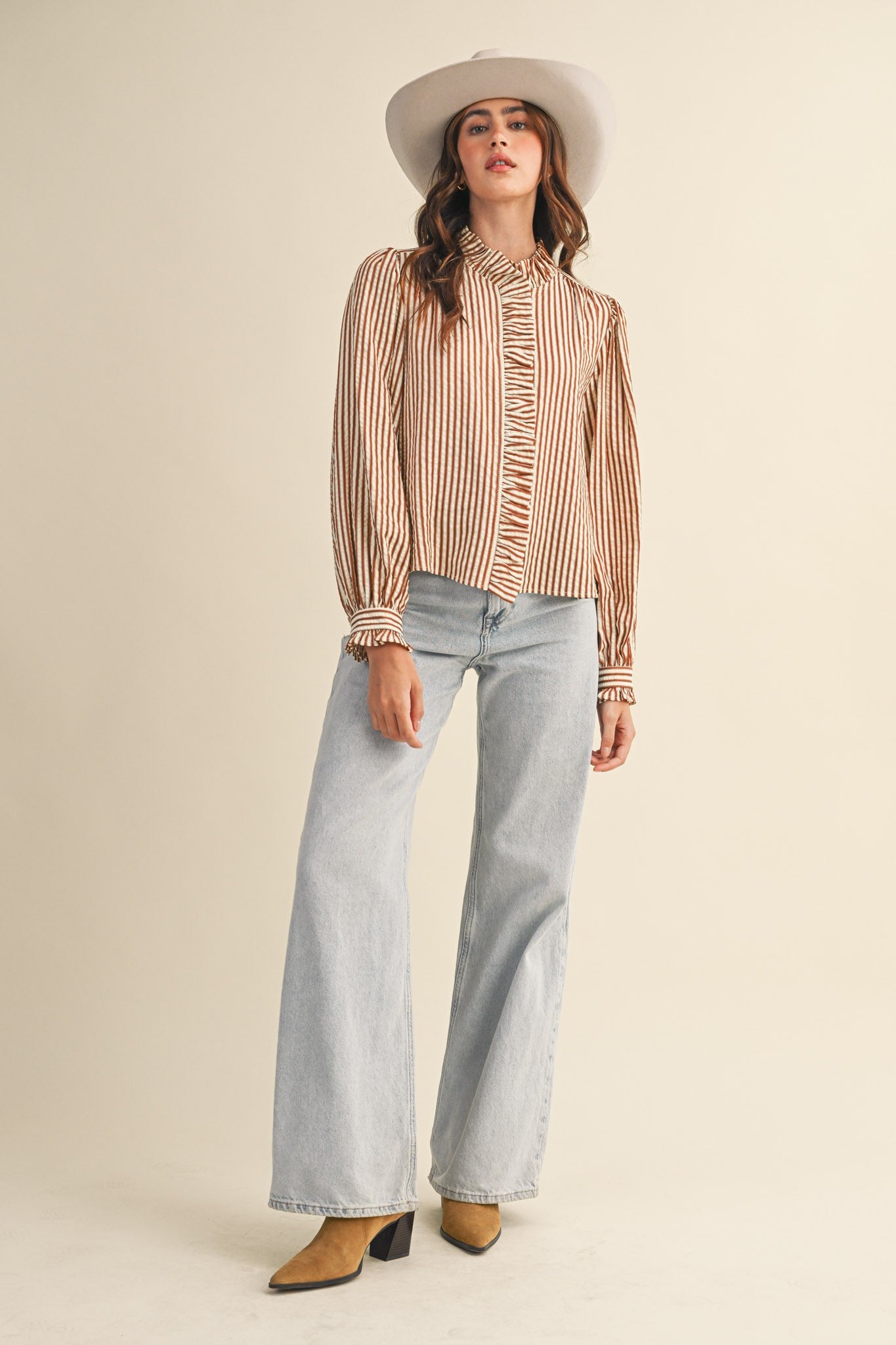 Edith Stripe Ruffle Button Down - Pecan Stripe