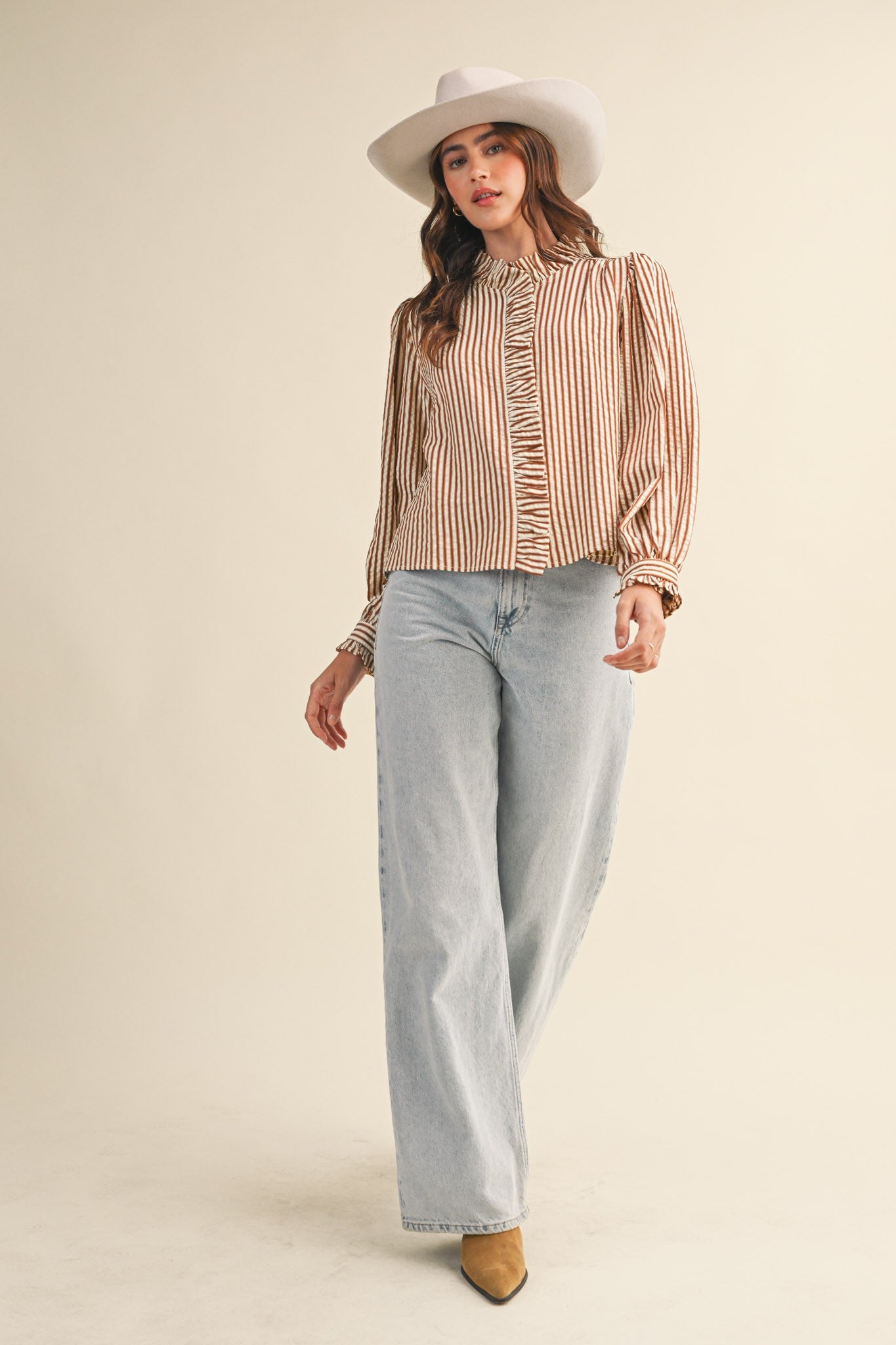 Edith Stripe Ruffle Button Down - Pecan Stripe