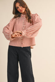Edith Stripe Ruffle Button Down - Red Stripe