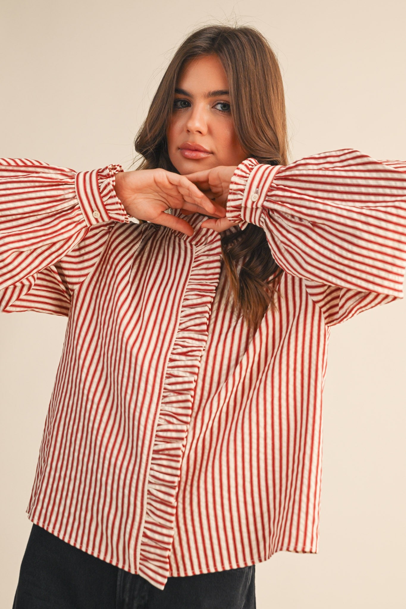 Edith Stripe Ruffle Button Down - Red Stripe
