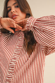 Edith Stripe Ruffle Button Down - Red Stripe
