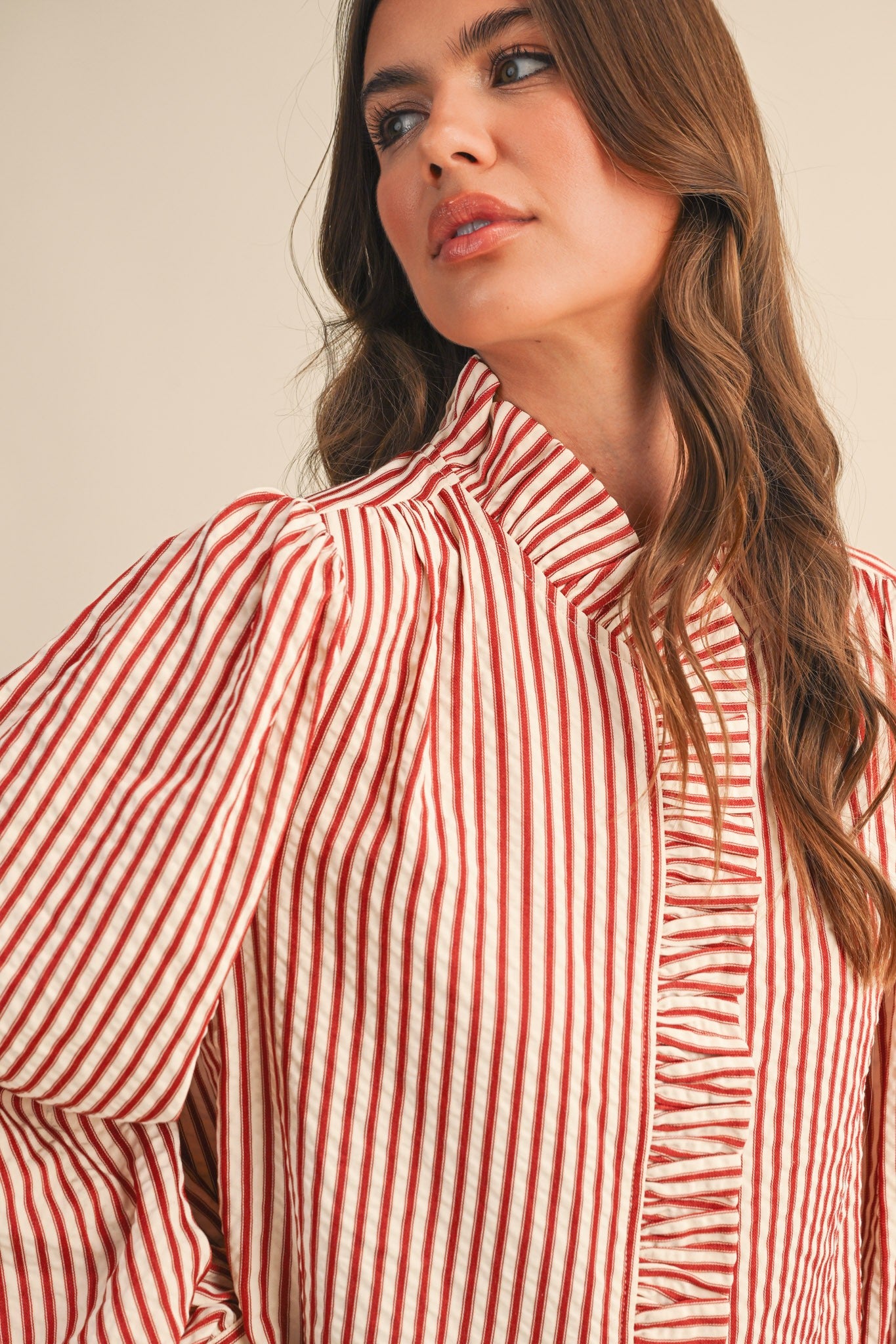 Edith Stripe Ruffle Button Down - Red Stripe