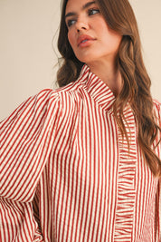 Edith Stripe Ruffle Button Down - Red Stripe