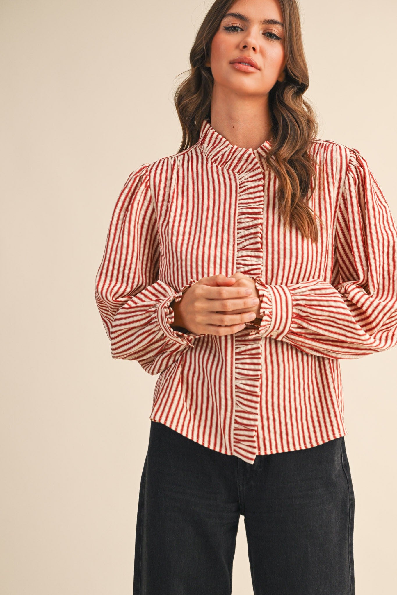 Edith Stripe Ruffle Button Down - Red Stripe