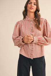 Edith Stripe Ruffle Button Down - Red Stripe