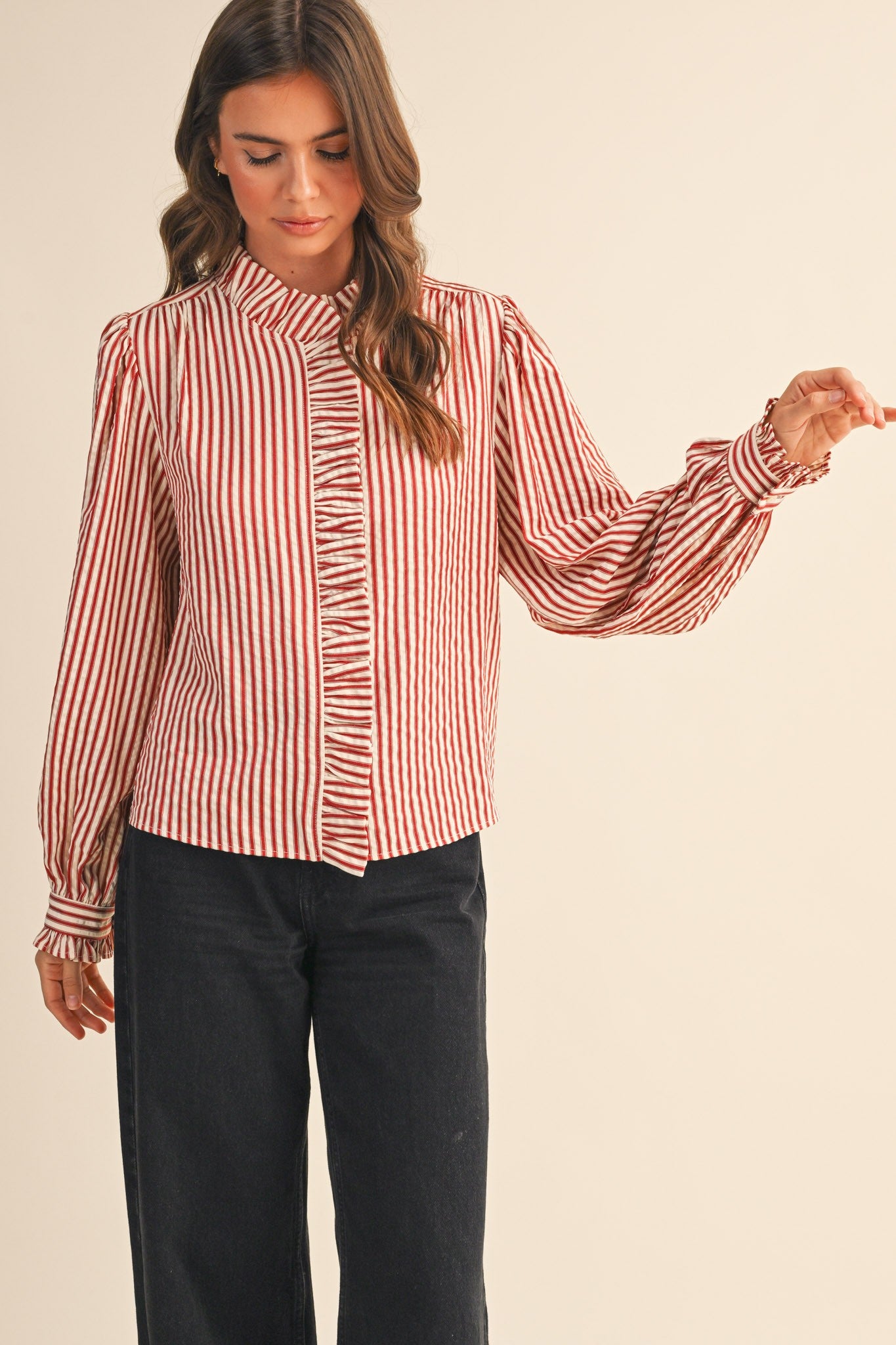 Edith Stripe Ruffle Button Down - Red Stripe