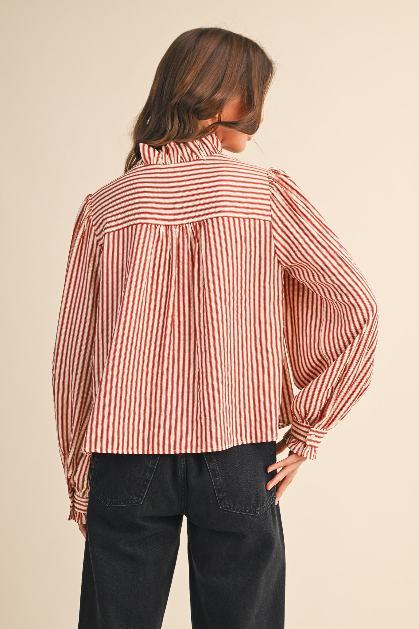 Edith Stripe Ruffle Button Down - Red Stripe