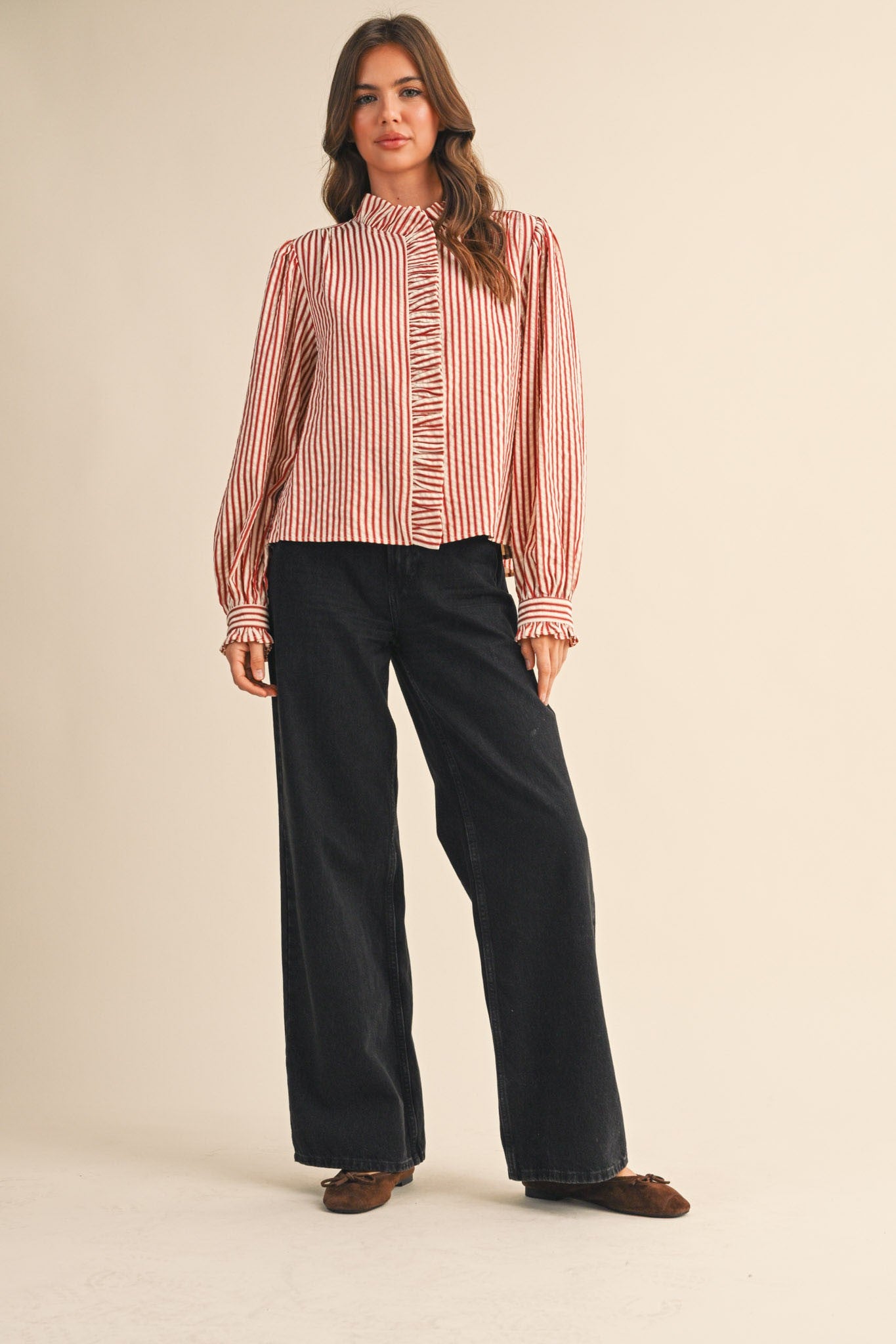 Edith Stripe Ruffle Button Down - Red Stripe