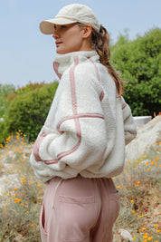 Eider Contrast Trim Sherpa Quarter-Zip in Ivory Dusty Pink, photo 1