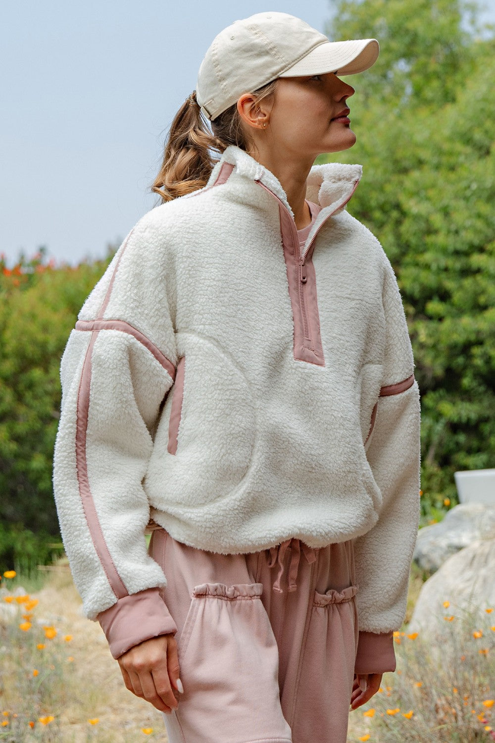 Eider Contrast Trim Sherpa Quarter-Zip in Ivory Dusty Pink, photo 3