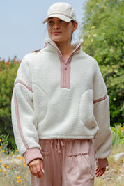 Eider Contrast Trim Sherpa Quarter-Zip in Ivory Dusty Pink, photo 5