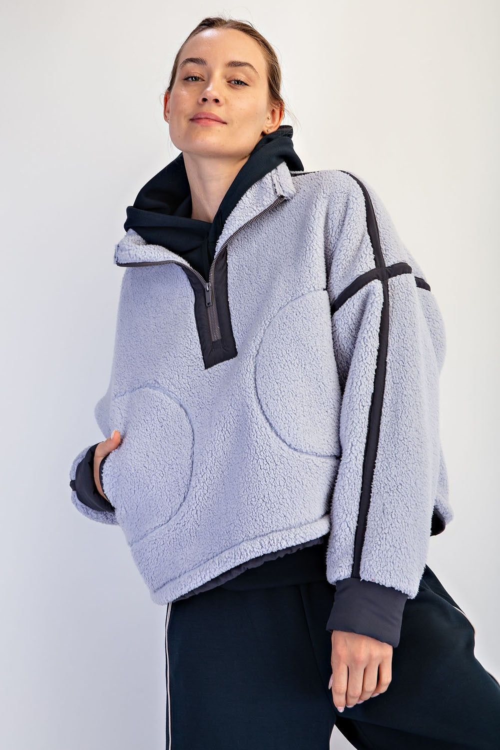 Eider Contrast Trim Sherpa Quarter-Zip in Lavender Blue Charcoal, photo 1