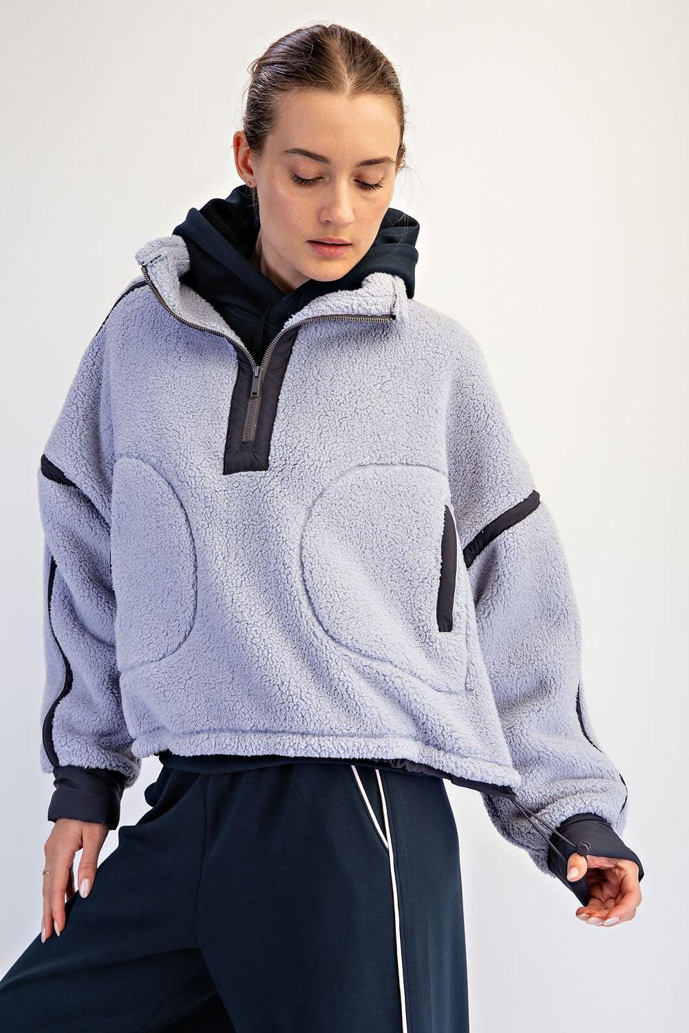 Eider Contrast Trim Sherpa Quarter-Zip in Lavender Blue Charcoal, photo 3