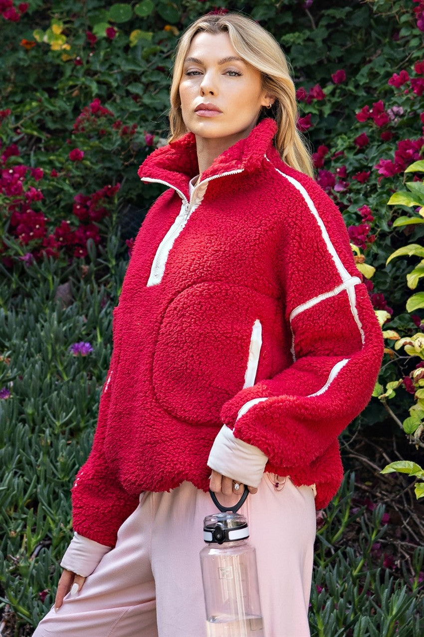 Eider Contrast Trim Sherpa Quarter-Zip in Red Pale Pink, photo 1