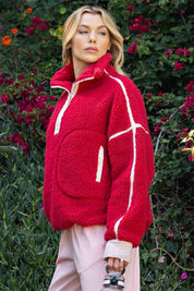 Eider Contrast Trim Sherpa Quarter-Zip in Red Pale Pink, photo 3