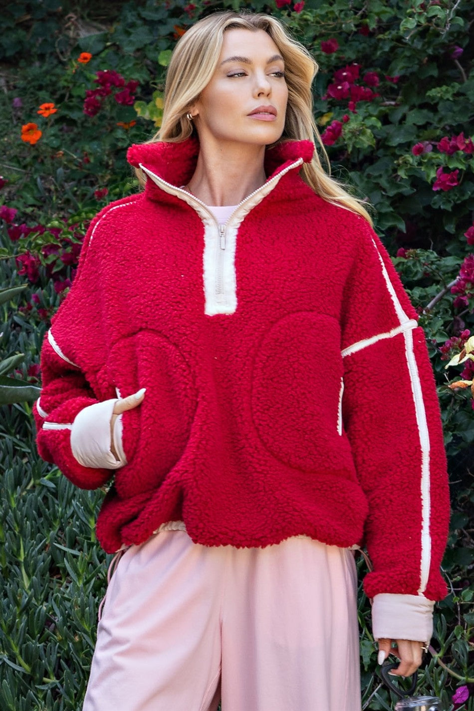 Eider Contrast Trim Sherpa Quarter-Zip in Red Pale Pink, photo 5