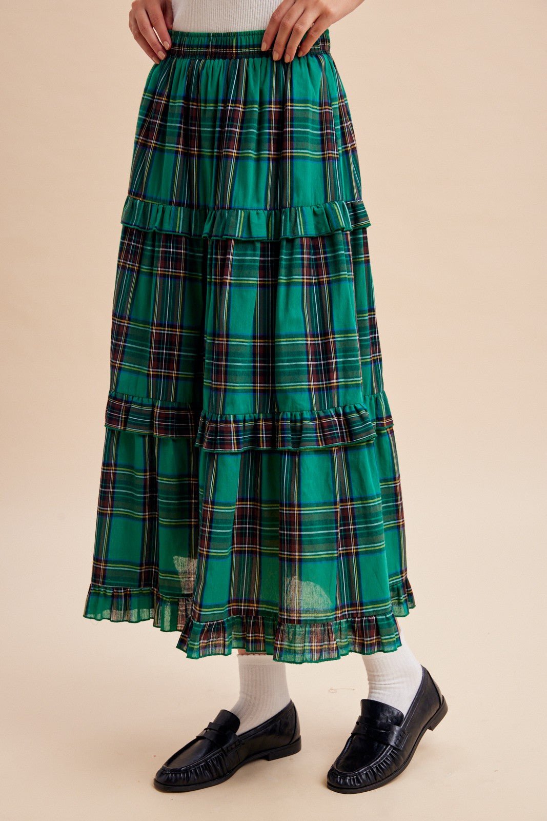 Eleanora Ruffle Trim Plaid Midi Skirt - Westly