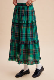Eleanora Ruffle Trim Plaid Midi Skirt - Westly