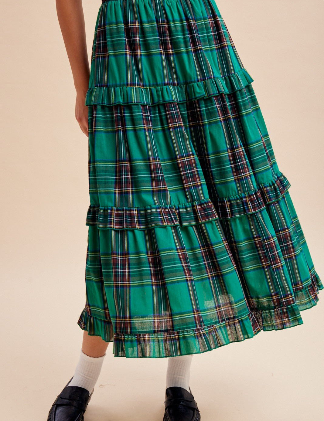 Eleanora Ruffle Trim Plaid Midi Skirt - Westly