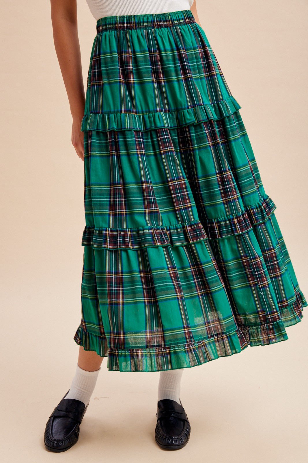 Eleanora Ruffle Trim Plaid Midi Skirt - Westly